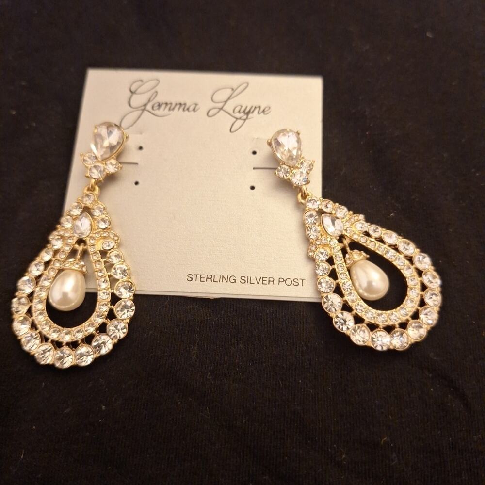 Beautiful Gemma Layne Goldtone Clear Rhinestone Dangle Earrings Silver Post